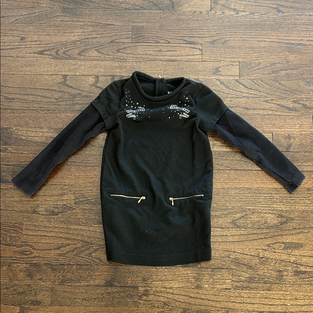 Ikks Girls Black Long Sleeve Dress with Gold Accents Size 8
